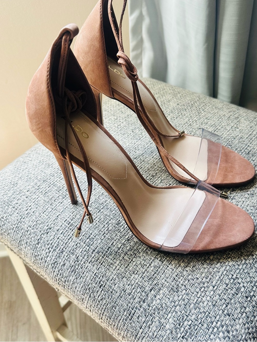 Aldo Tan Suede Lace-Up Clear-Strap Stiletto Sandals